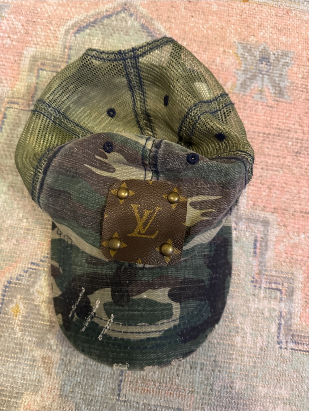 Distressed Camo Baseball Cap with Studded LV Patch - Olive Green